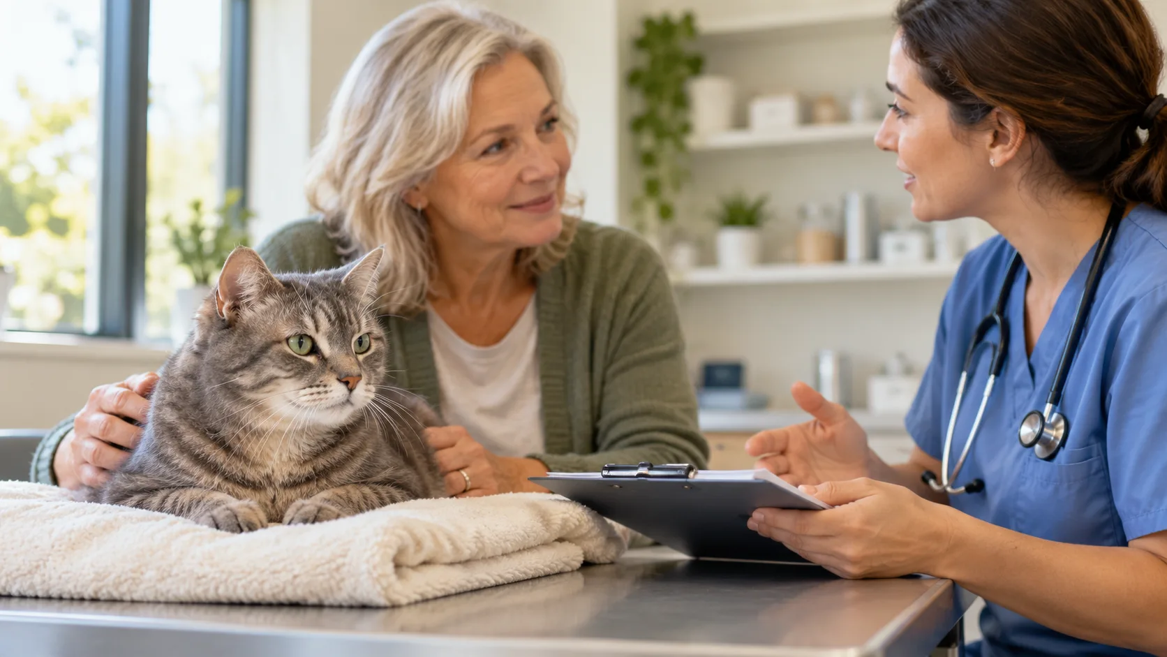 Gray tabby cat resting on a towel while an owner talks with a veterinarian